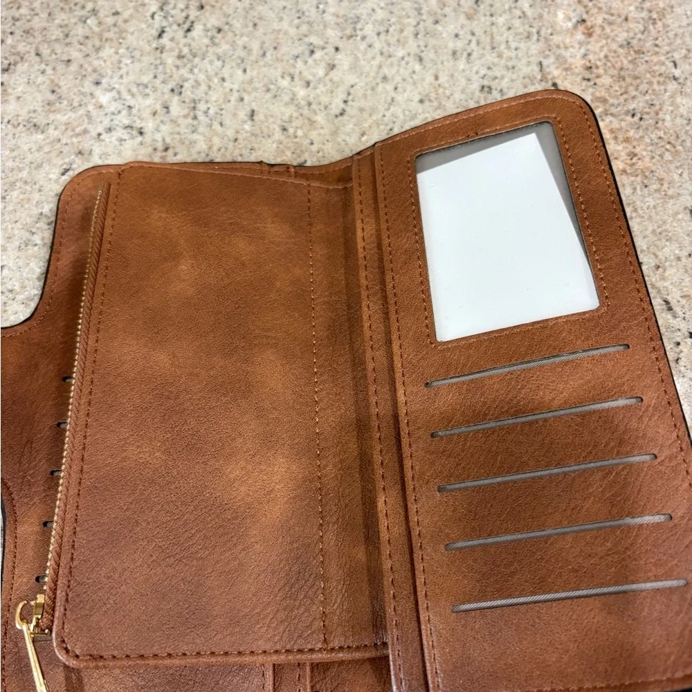 Women's Tan Zip-Around Wallet Clutch with Snap Strap